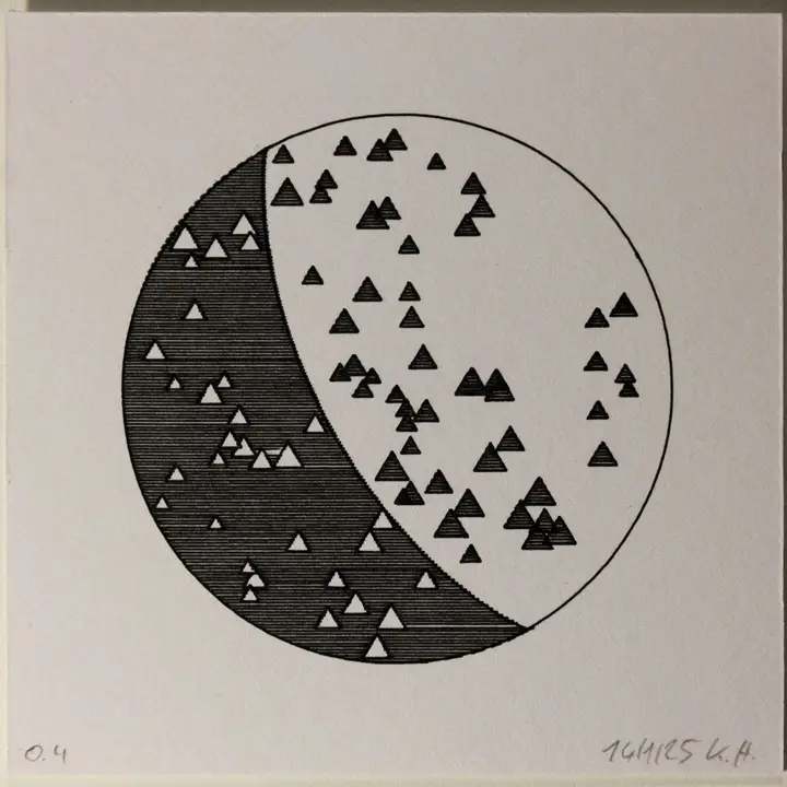 Similar to the first slide, but with a larger bright side. A square drawing in black on white card, showing a circle with one half filled in with dense thin black horizontal lines; the black half has many small white triangles, the white half has some black triangles.