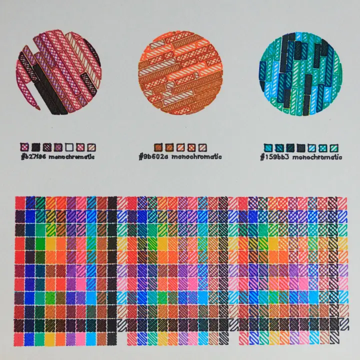 The top half has three examples of colour themes cropped to a circle and labelled with the swatches and hex seed colour. Below is a 33x11 grid of all combinations for 10 pens (+white), in three different densities.