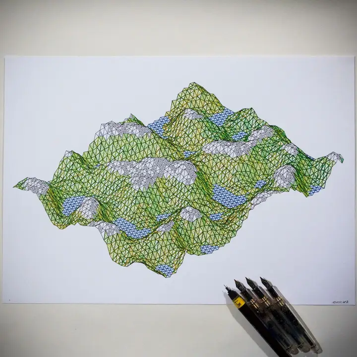 A3 size white card with a drawing of a mountain landscape made up of a triangle grid, with low areas highlighted in blue ink, the middle ranges in yellow and green tones, and the peaks left in white with just the black outlines. Three fountain pens and a technical pen are placed on top of the drawing in the bottom right corner.