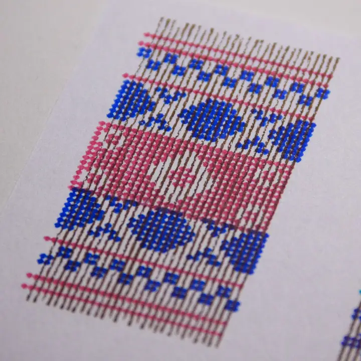 Close up of the top-left design: the middle section is a pink field with one large and four smaller chevrons; above and below is a blue field with two large white cross shapes, then a pink line, a strip of a blue-and-white checkerboard pattern, and a double pink line.