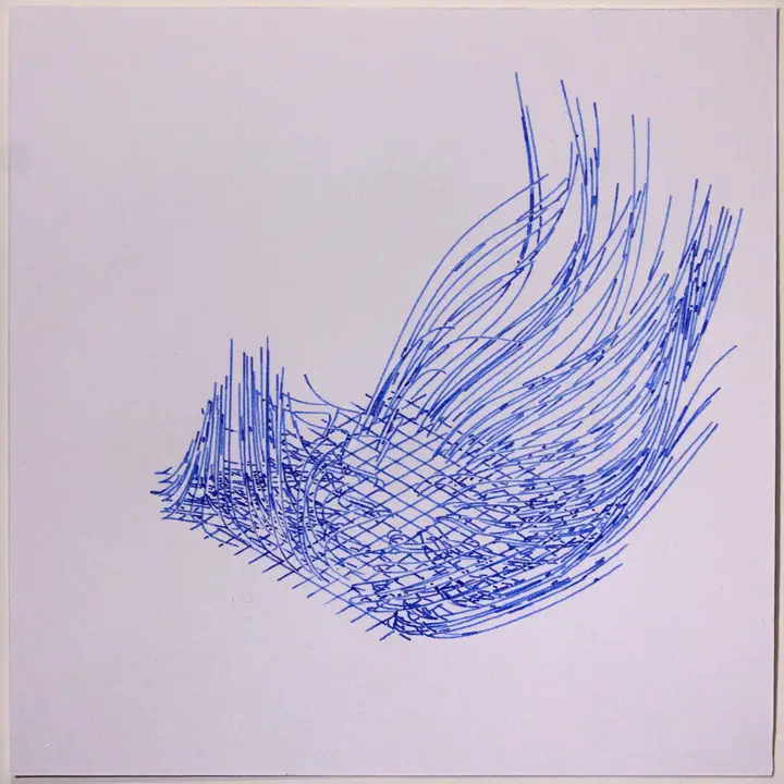 A single larger drawing in blue fountain pen ink on a white square card, showing isometric grid with lines growing up from the ground and transformed by simulated gusts of wind. Here the lines have small gaps to avoid overlaps of too many lines.