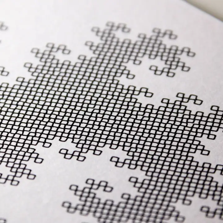 A close up of the first curve, revealing slightly round corners which are a small effect caused by the pen plotter construction and it running quite fast while being programmed to make sharp right-angle turns.