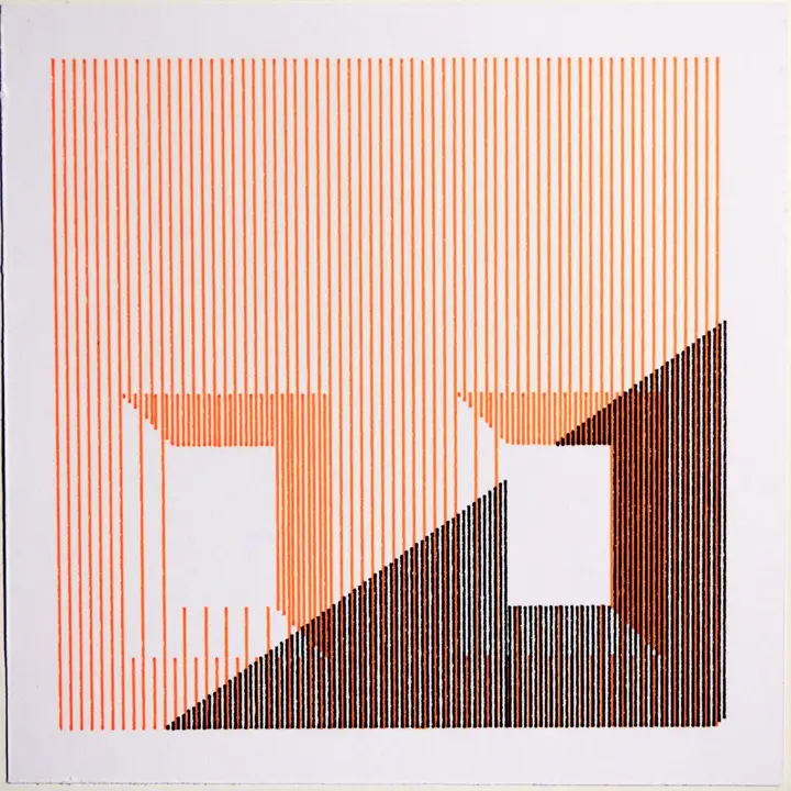 Top-down view of the completed drawing: a lightly shaded orange square, with lighter and darker shades giving an illusion of depth with two large inset windows in the bottom half of the facade, and a hard diagonal shadow filled more densely with black lines crossing the bottom right corner.