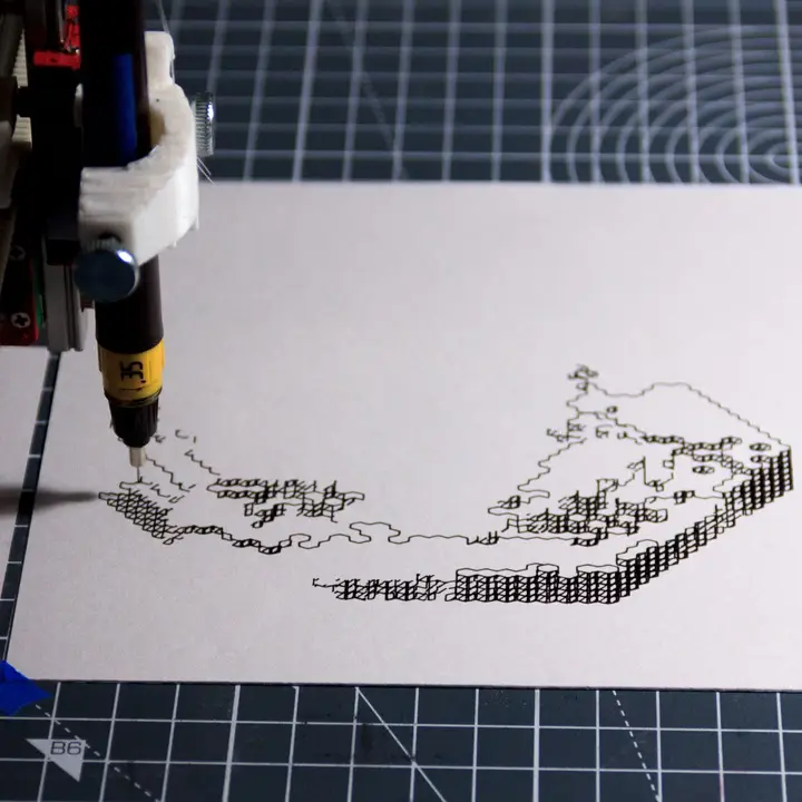 Process still of the rotring isograph 0.35mm pen being held by the pen plotter with most of the lines in the bottom half of the drawing finished so far.