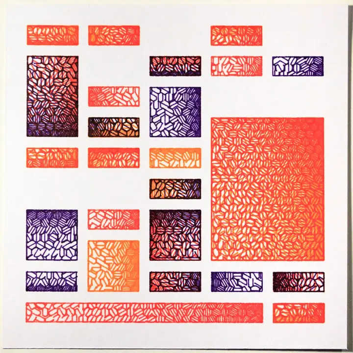 Alternative version of the piece in purple, red, and orange pen, with only rectangular areas filled with gradients. The gaps between cells is smaller, and the piece is dominated by a large red-orange area on the right, and has many short but wide cells across the five columns.