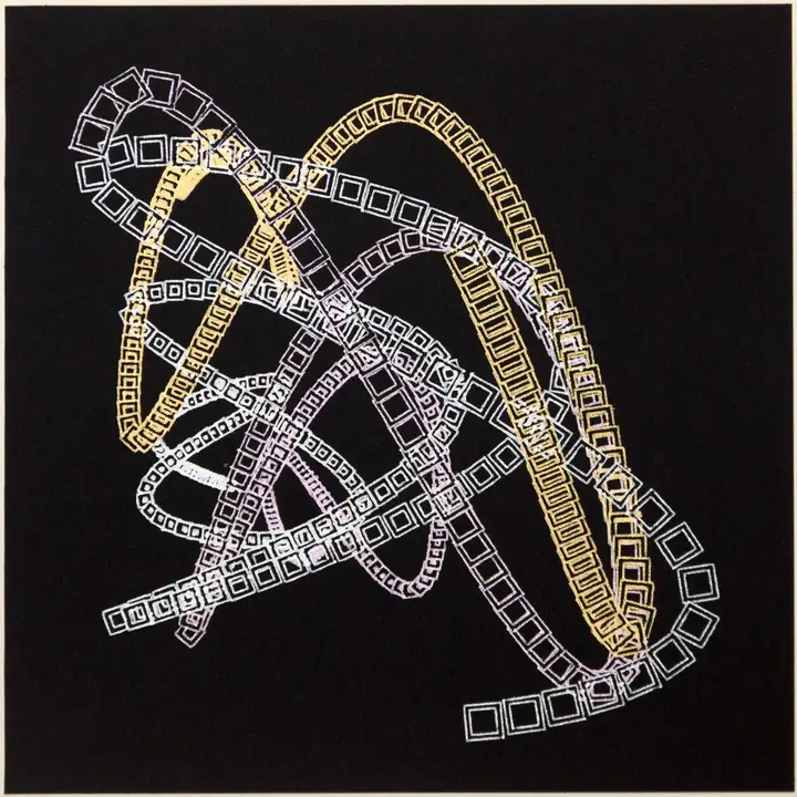 Three curves trailed by squares in gold, silver, and rose gold metallic pens on a square black card.