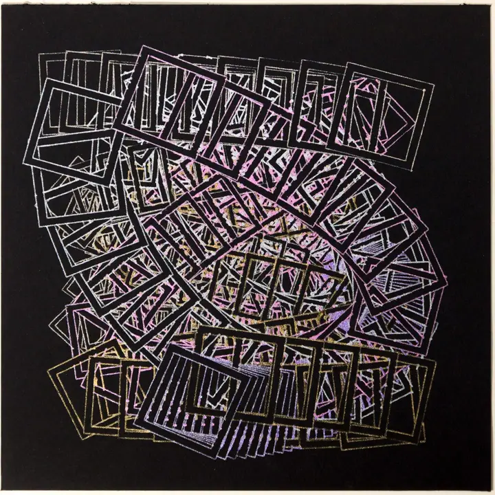 A very busy drawing with five colours and larger, denser squares heavily overlapping in pink, purple, gold, bronze, and silver pens.