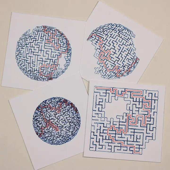 The four previous drawings are arranged on a cream-coloured background.