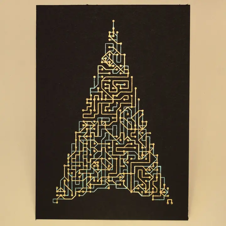A black card with a circuit-like maze of interconnected metallic lines at 90 and 45-degree angles, filling the outline of a stylised fir tree.