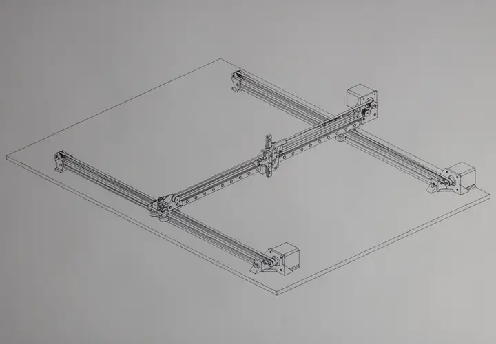 A framed CAD drawing of the pen plotter machine I designed, black pen on white paper in a black frame.